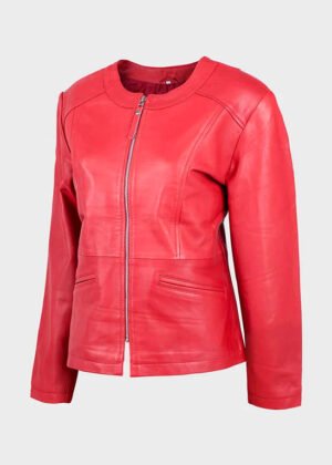 Women collarless sheepskin leather biker jacket
