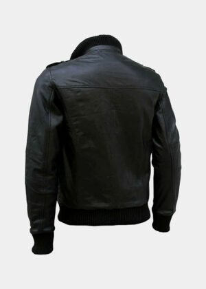 four pocket black leather bomber jacket