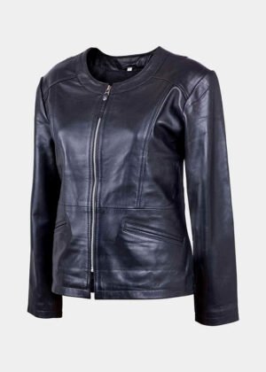 ladies collarless sheepskin leather biker jacket