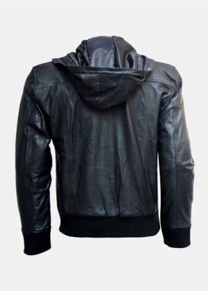 men bomber black leather hooded jacket
