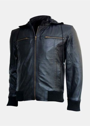 men bomber black leather jacket with hood