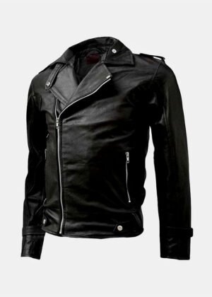 men zipper black rain leather jacket