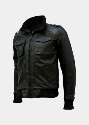mens four pocket black leather bomber jacket