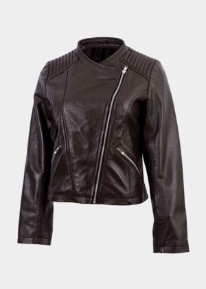 short length brown leather jacket for women