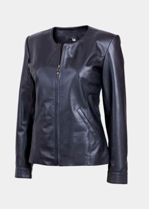 women black leather collarless jacket