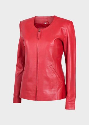 women red leather collarless jacket