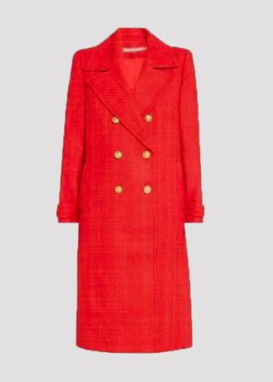 drew barrymore show 2024 kathryn newton double breasted red tweed coat